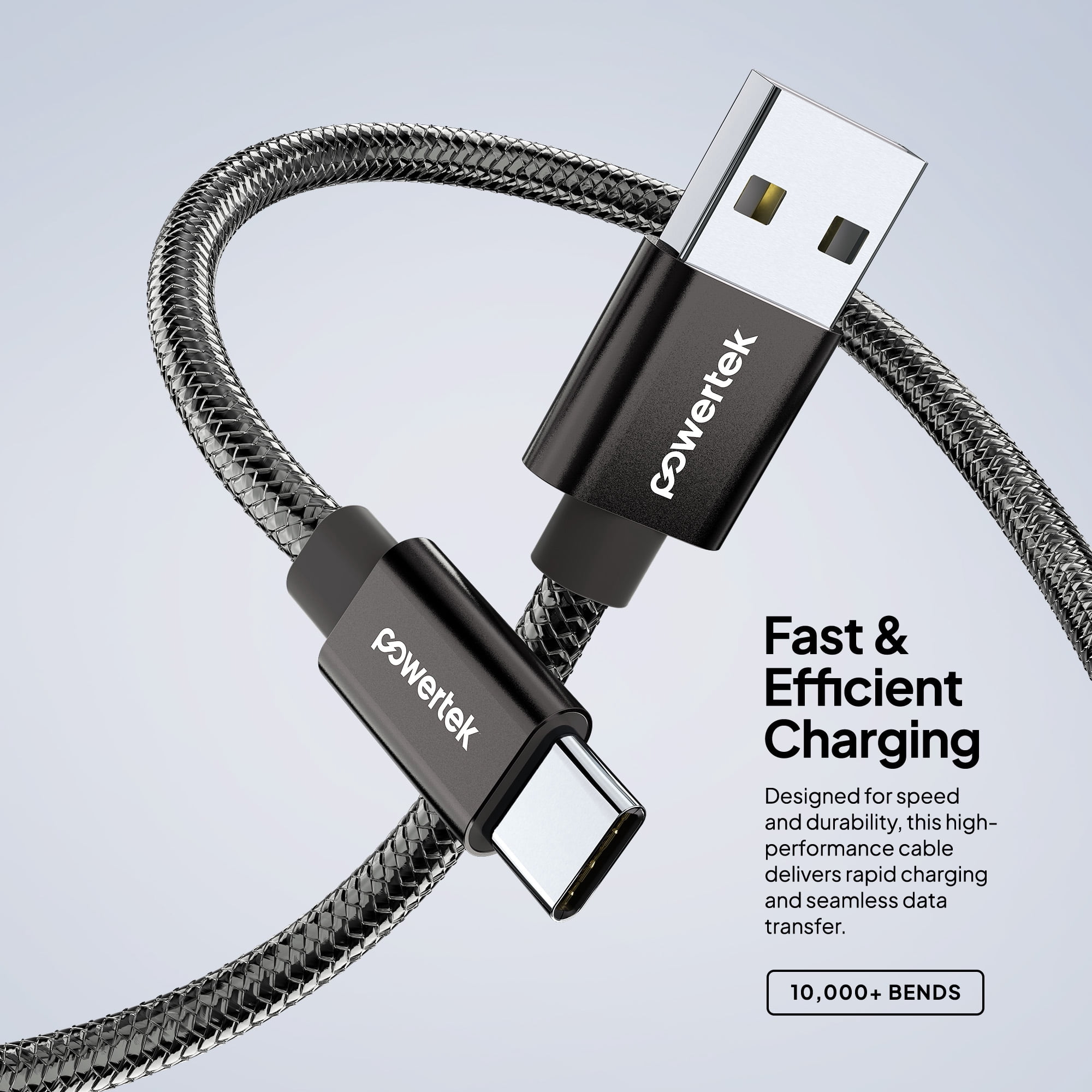 Powertek Luxe 6ft USB-A to USB-C Cable, Gray, Fast Charge & Sync, Metallic Mesh PVC Jacket, Durable Tangle-Free Design