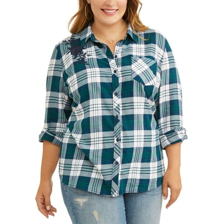 Sky Tops - Terra & Sky Women's Plus Button Up Embroidered Plaid Shirt