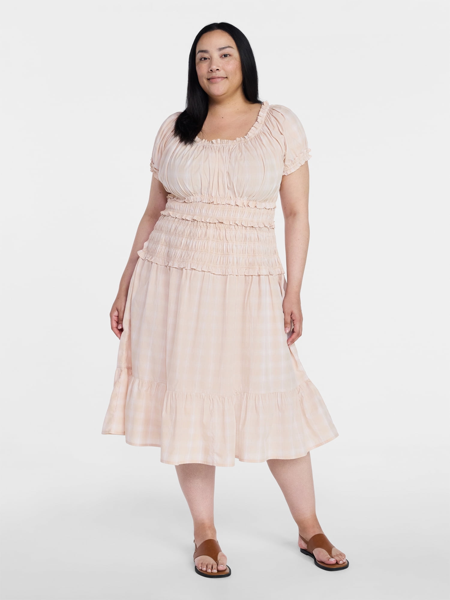 Time and Tru Women's Smocked Cotton Peasant Dress with Short Sleeves, Sizes XS-XXXL