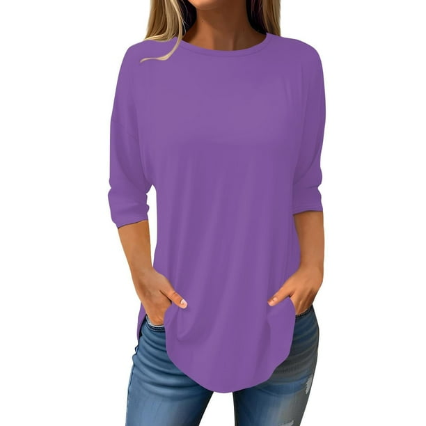 Ploknplq Tunic Tops for Women Loose Fit Dressy,Elbow Length Tee Shirts for Women,Womens Tunic Tops,Pure Round Neck Three Quarter Sleeve Top,Plaid Shirts for Women,Split Hem Top for Women Purple XL