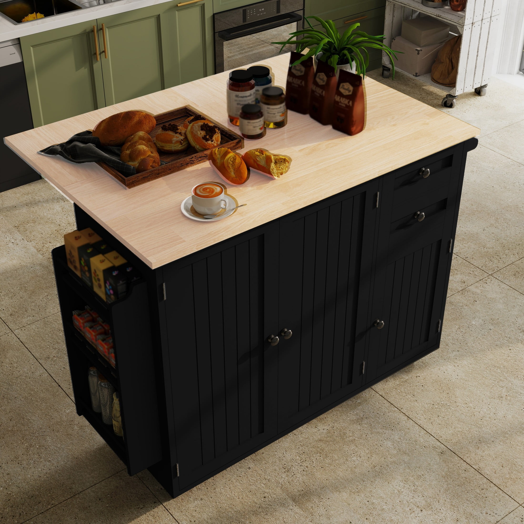 50.4" Kitchen Island with Storage,  Expandable Solid Wood Top Cart with Drop Leaf and Wheels, Black