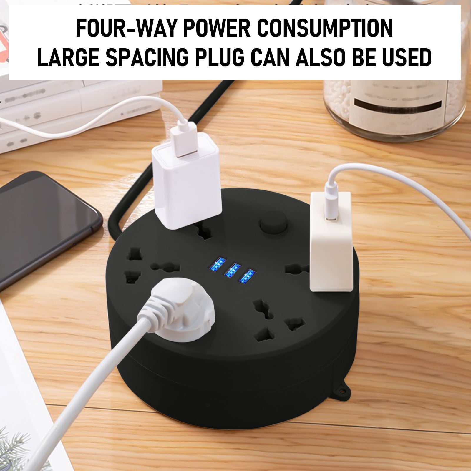 Oggfader Power Strip Tower Travel Power Strip,6.56Ft Extension Cord With 3 USB Ports And 5Outlet,Ultra Compact Wide Spaced Multi Outlets Plugs Sockets,Room,For Room,Work Black 14x14x6cm
