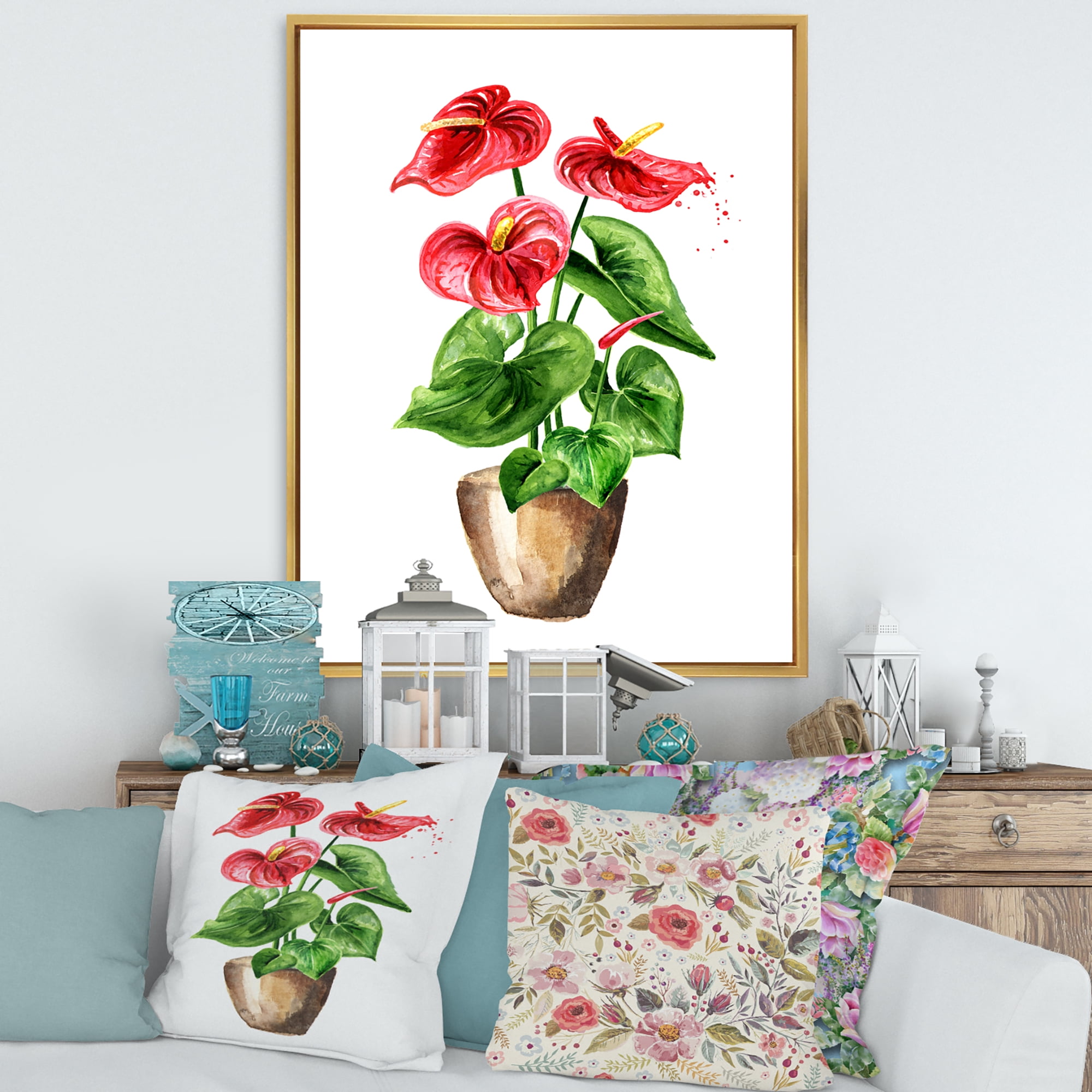 Designart 'Anthurium Tailflower In The Pot' Traditional Framed Canvas Wall Art Print