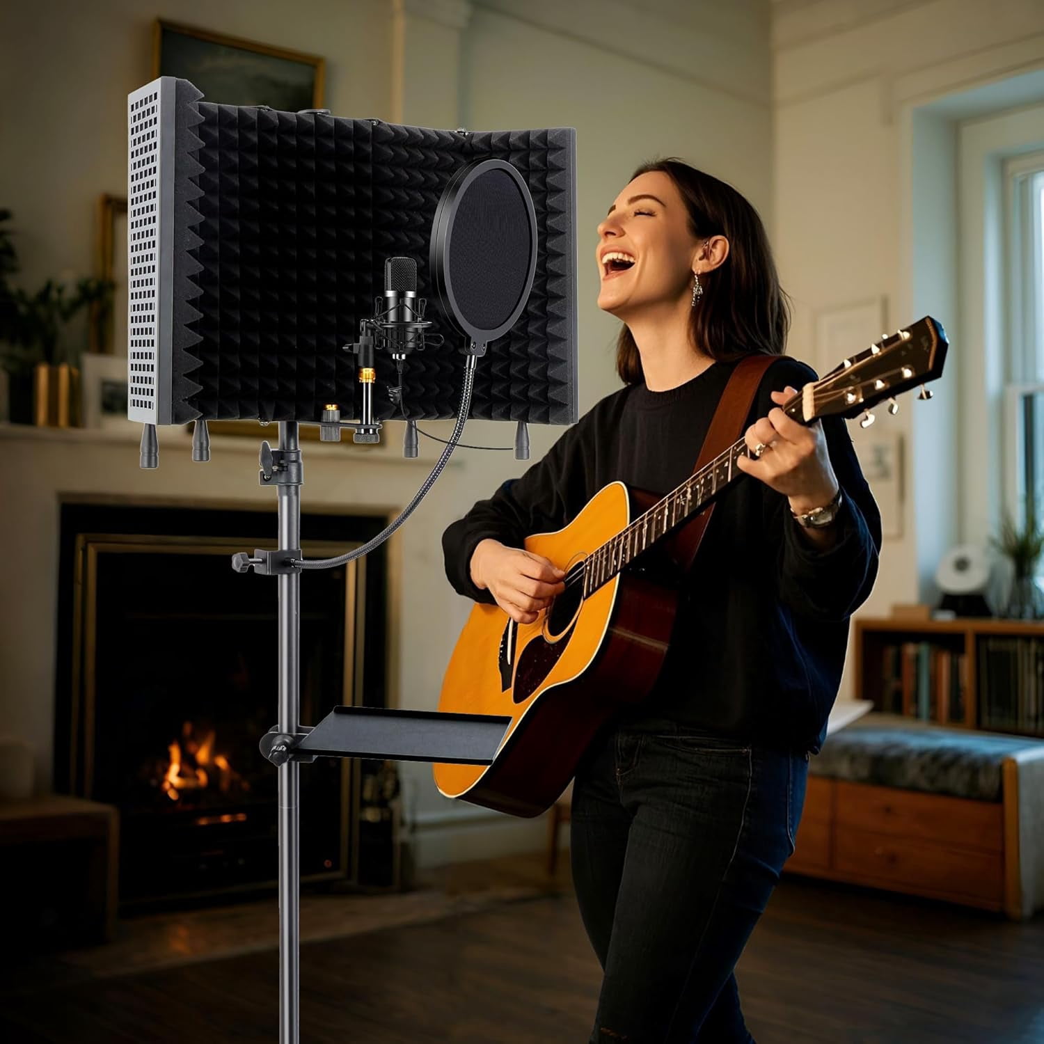5-Sided Isolation Shield Microphone Stand with  Filter and High-Density Foam, Adjustable Tripod for Home Studio Podcasting