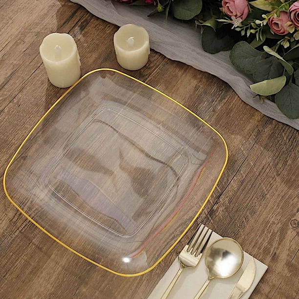 BalsaCircle 10 Square Clear 10" Disposable Salad Dinner Plastic Plates Gold Trim Party Events
