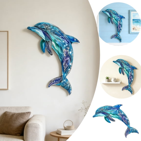 Bohemian Mandala Style Metal Dolphin Wall Art, Blue Ocean Nautical Coastal Wall Decor, Hanging Sculpture for Home Living Room Bedroom Bathroom