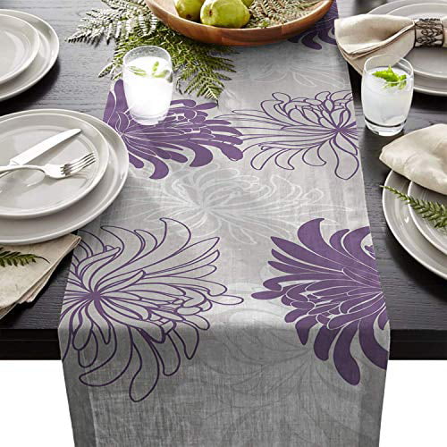 Purple White Floral 13x108inch Table Runner Dahlia Flower Floral Printed Dresser Scarves Non-Slip Burlap Rectangle Kitchen Tablecloth for Holiday Dinner Parties Wedding Home Decor