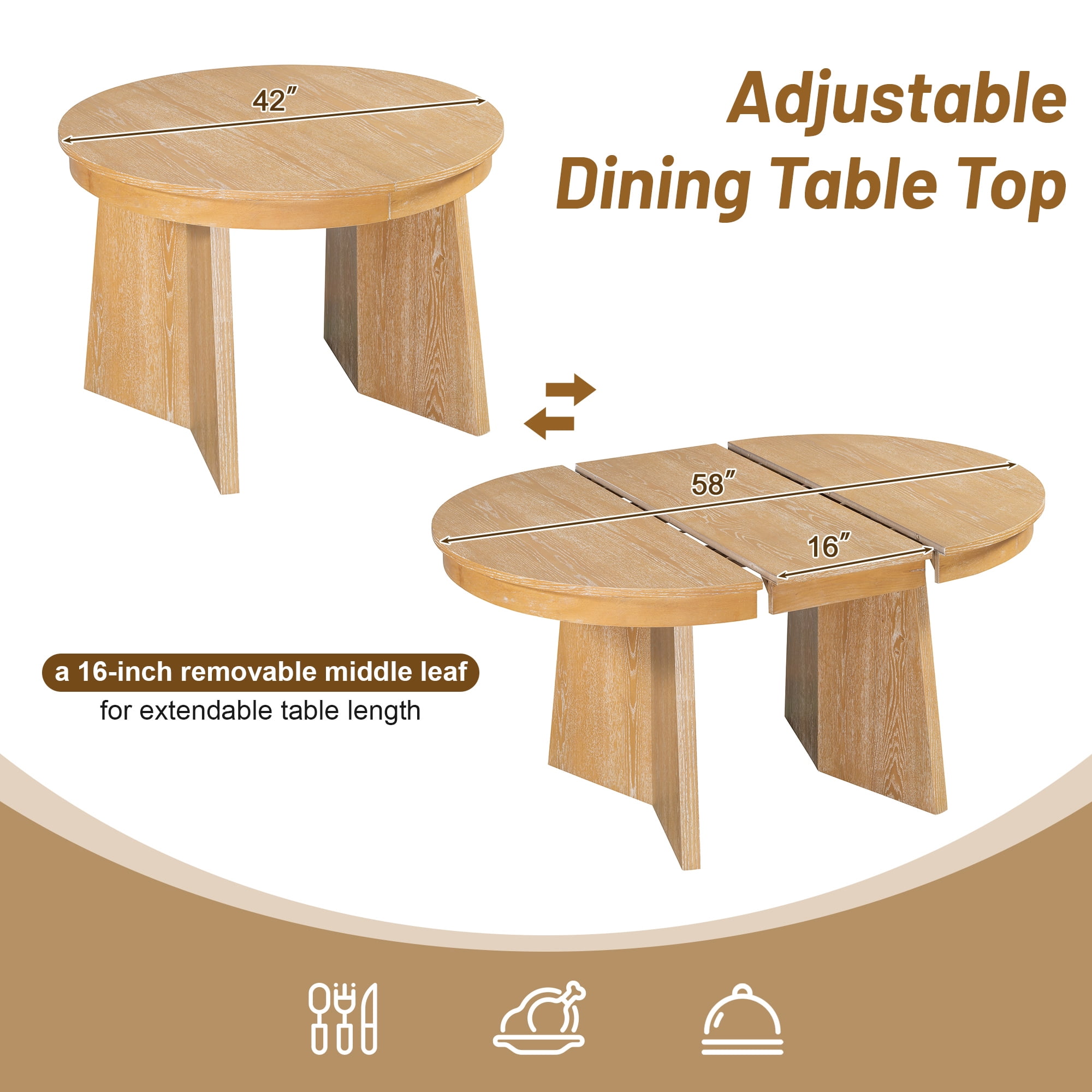 Euroco 5-Piece Round Dining Table Set for 4,Retro Extendable Kitchen Table with 4 Upholstered Chairs,Wood Kitchen Table and Chairs Set for Saving Space,Natural