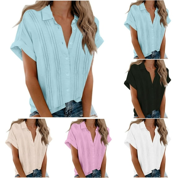 pstuiky Short Sleeve Tops for Women Dressy Casual Tops Solid Tops Collared Short Sleeve Shirts with Button Fashion Womens Short Sleeve Shirts Beige L