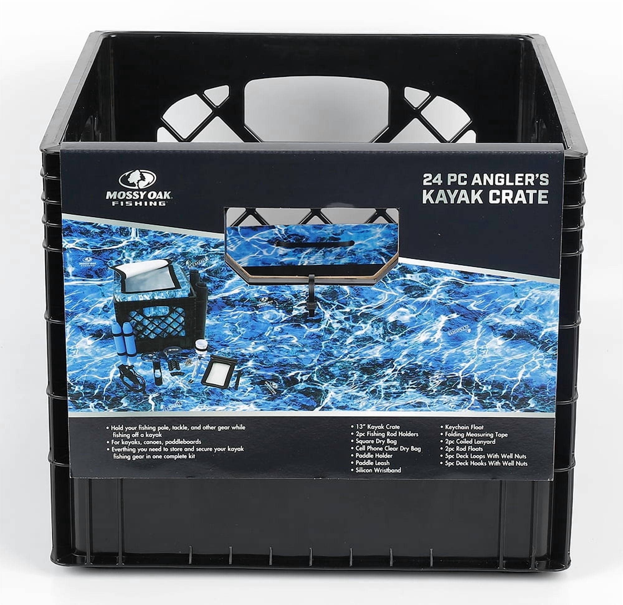 Mossy Oak 24 Piece Kayak Storage Crate with Dry Bag, Fishing Accessories Kit and Rod Holder Milk Crate Blue