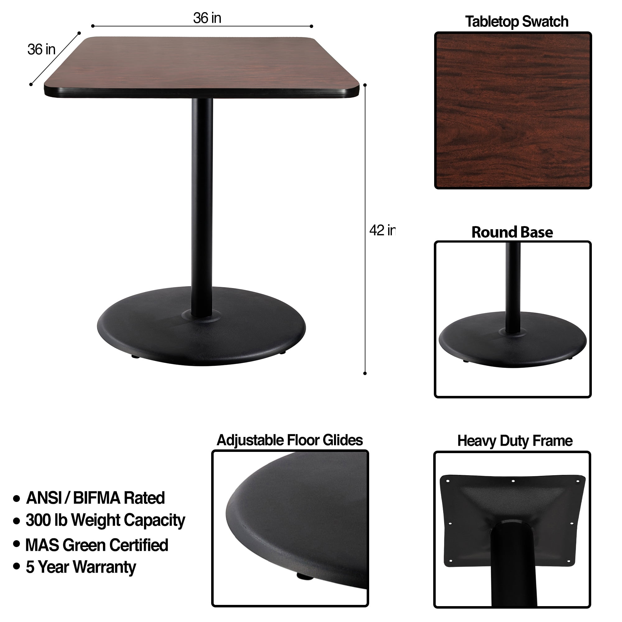 Hampden Furnishings Bennet Collection Steel Frame 36" Square Top, Round Base, 42" Height, Cafe Table, Black Frame/Mahogany Top