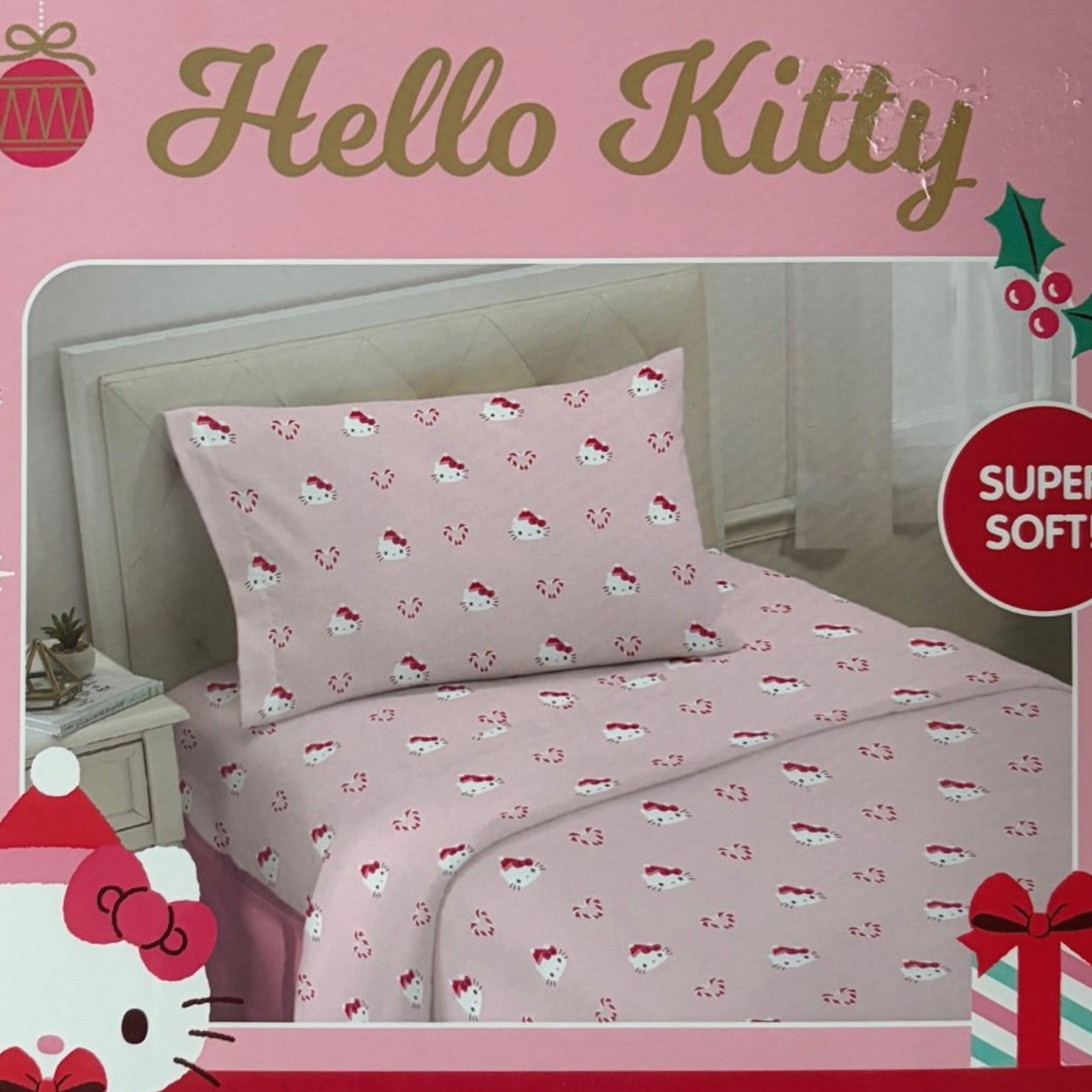 Hello Kitty Kids Twin Microfiber Sheet Set, Christmas Bed Sheets