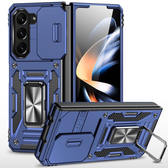 Military Grade Ring Holder Case with Camera Lens Cover for Samsung Galaxy Z Fold 5 - Blue