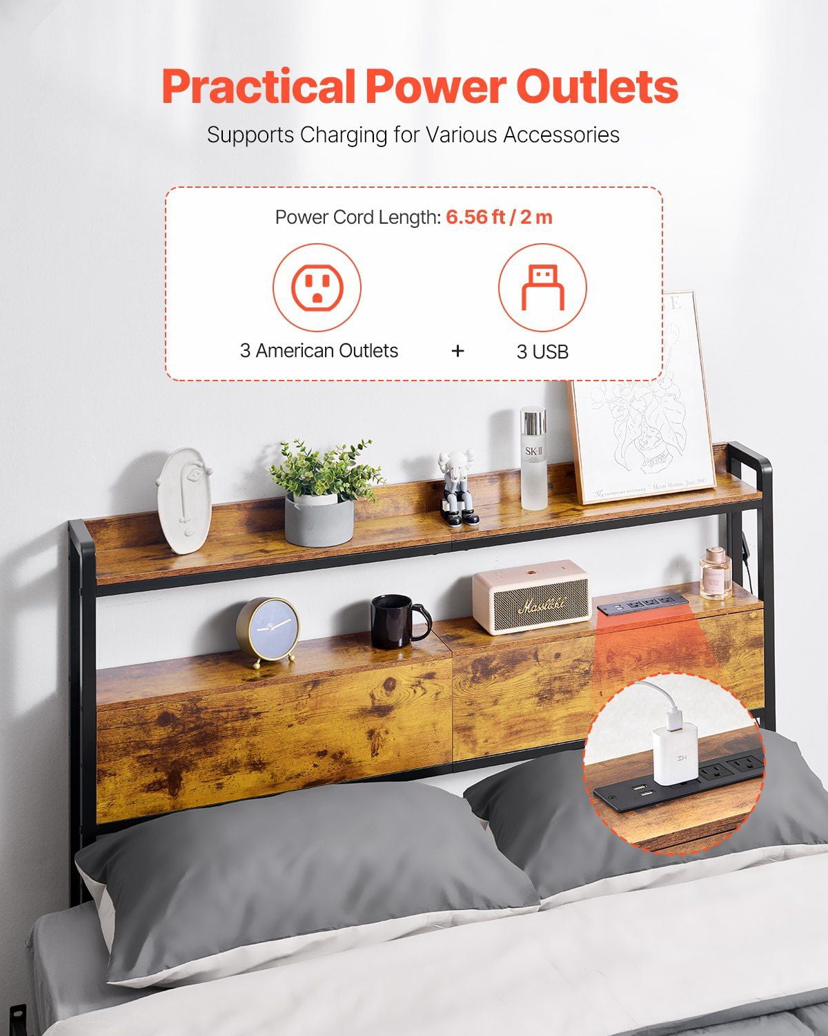 Freestanding Full Size Headboard with Adjustable Height, 2 Storage Shelves, USB Charging Station and LED Light, Easy to Assemble, Brown