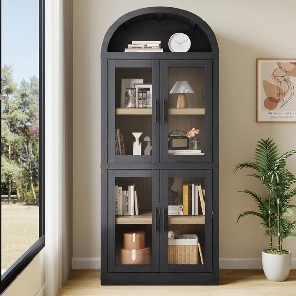 72" Arched Cabinet Pantry, Farmhouse Storage Hutch with Doors, 5-Tier Bookcase for Dining Room