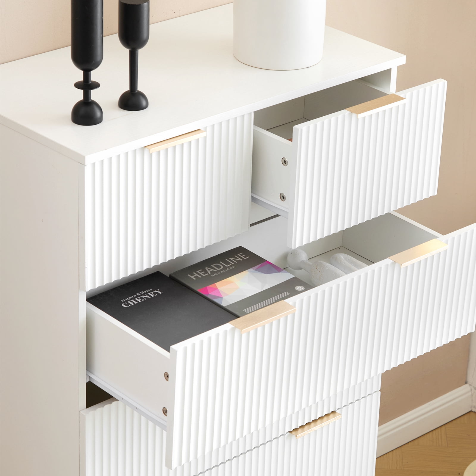 Five-Level Cabinet with Six Drawer, White P2 Particle Board and Density Board Wavy Pattern Drawer