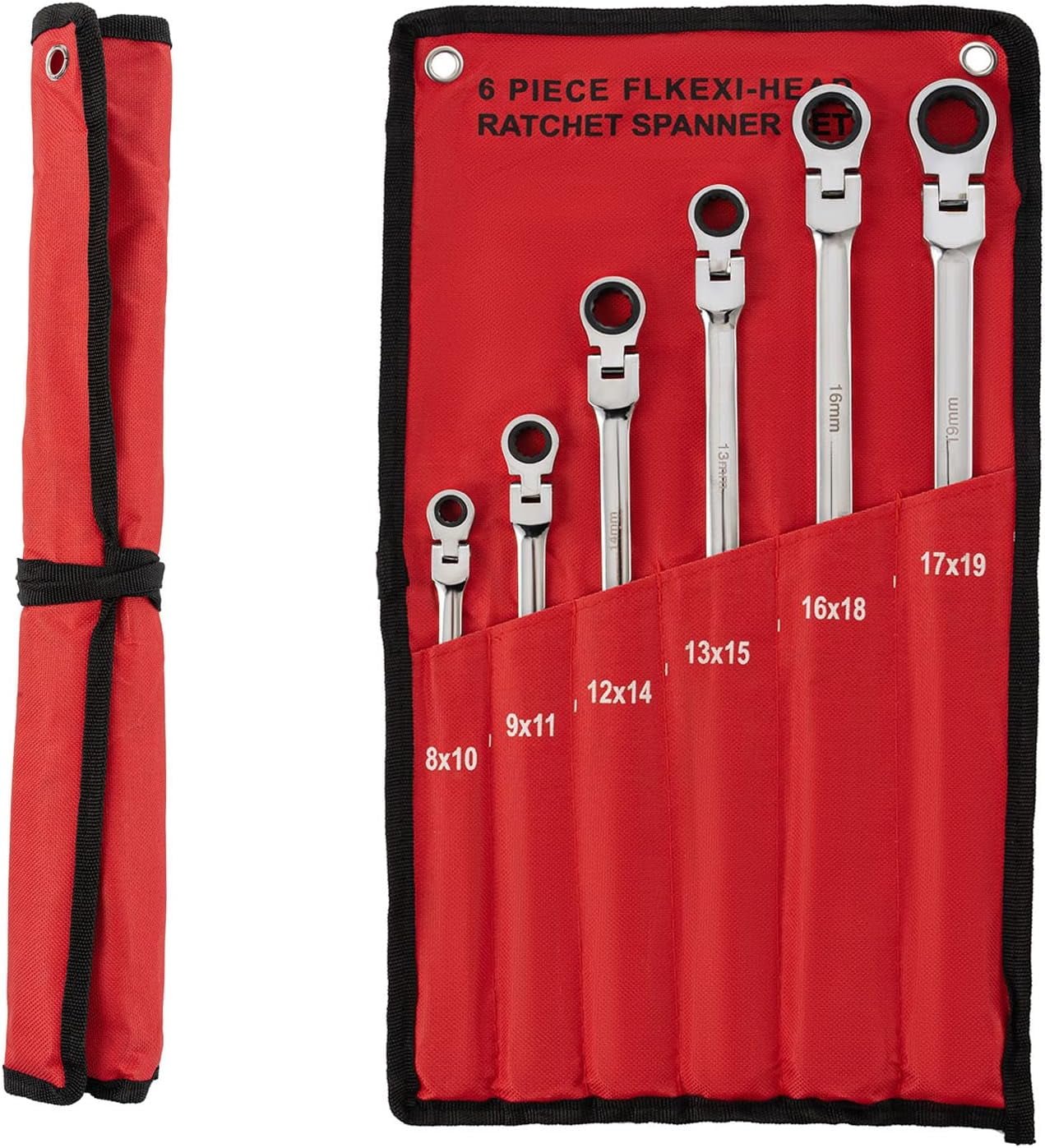 SHZOND 6Pcs Extra Long Flex Head Ratcheting Wrench Set Metric 8-19mm Double Box End Wrench Set Laser Etched Steel Wrenches