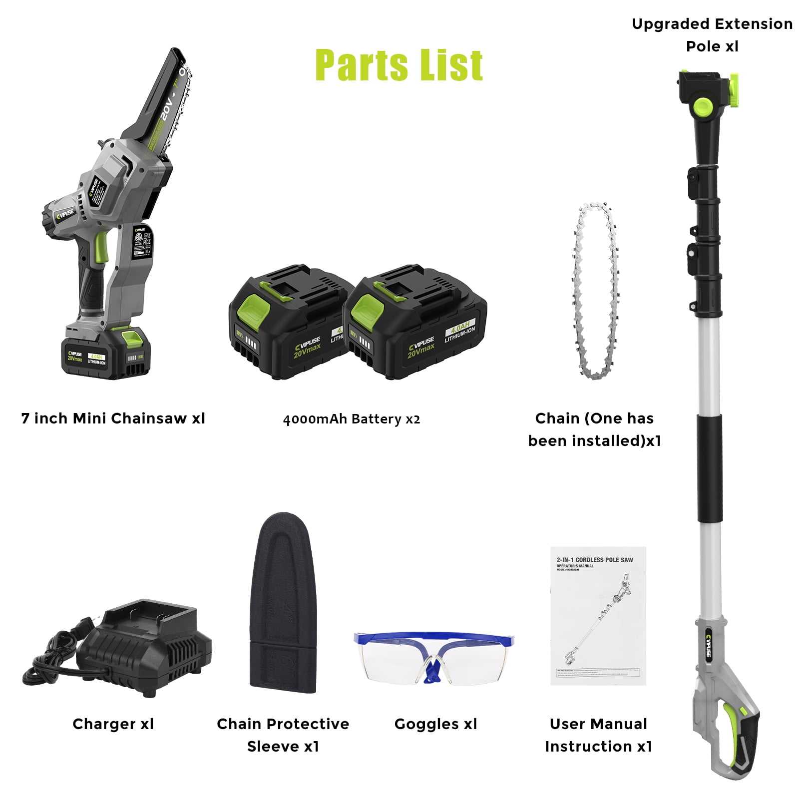 Vipuse 2-in-1 Cordless Pole Saw with Two 4.0Ah Rechargeable Batteries and 2.0Ah Fast Charger,16 FT Max Extension,7 Inch Mini Brushless Chainsaws for Tree Trimming