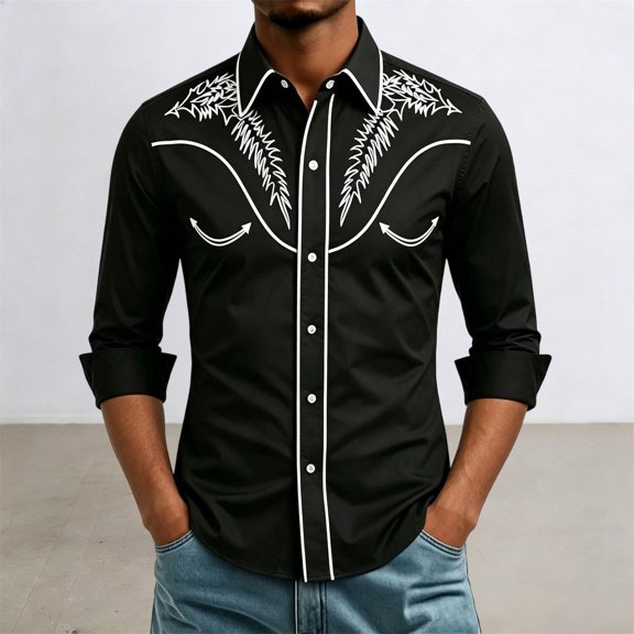 Conairie Men Western Shirts Embroidered Cowboy Button Collar Long Sleeve Shirt Retro Business Casual Blouse With Floral Design Black L