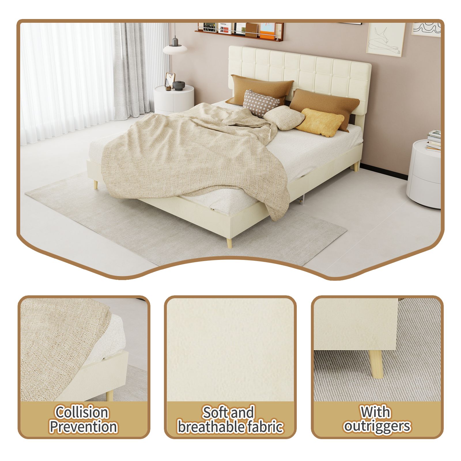 Alvantor Queen Size Upholstered Bed Frame with Padded Headboard Beige