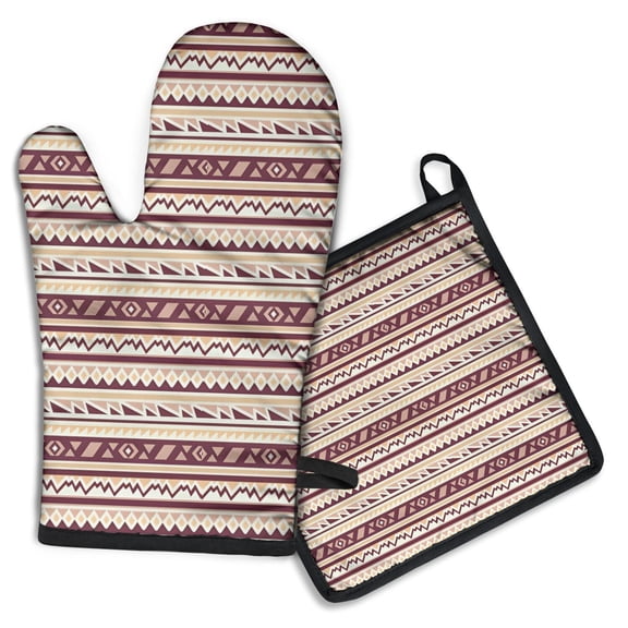 Brown Ethnic Stripe Pattern Kitchen Oven Mitt and Pot Holder Sets 2 Pcs for Baking, Cooking and Grilling, Heat Resistant Up To 392 °F