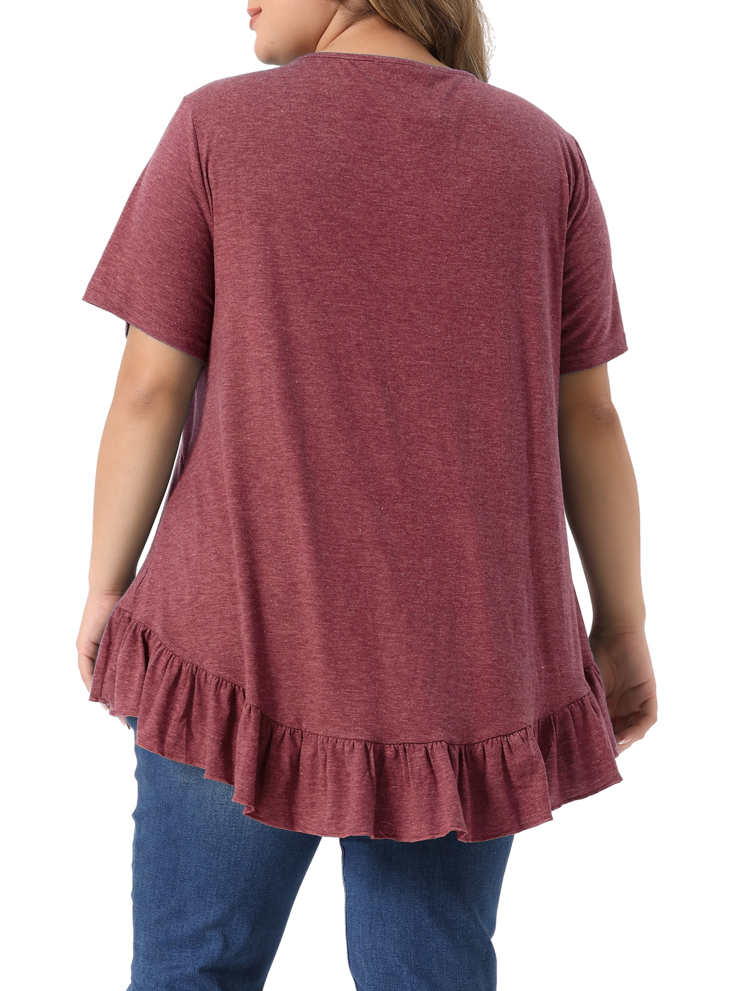 DARING DIVA Women's Plus T Shirts Henley V Neck Button Up  Ruffled Blouses Tops L Burgundy