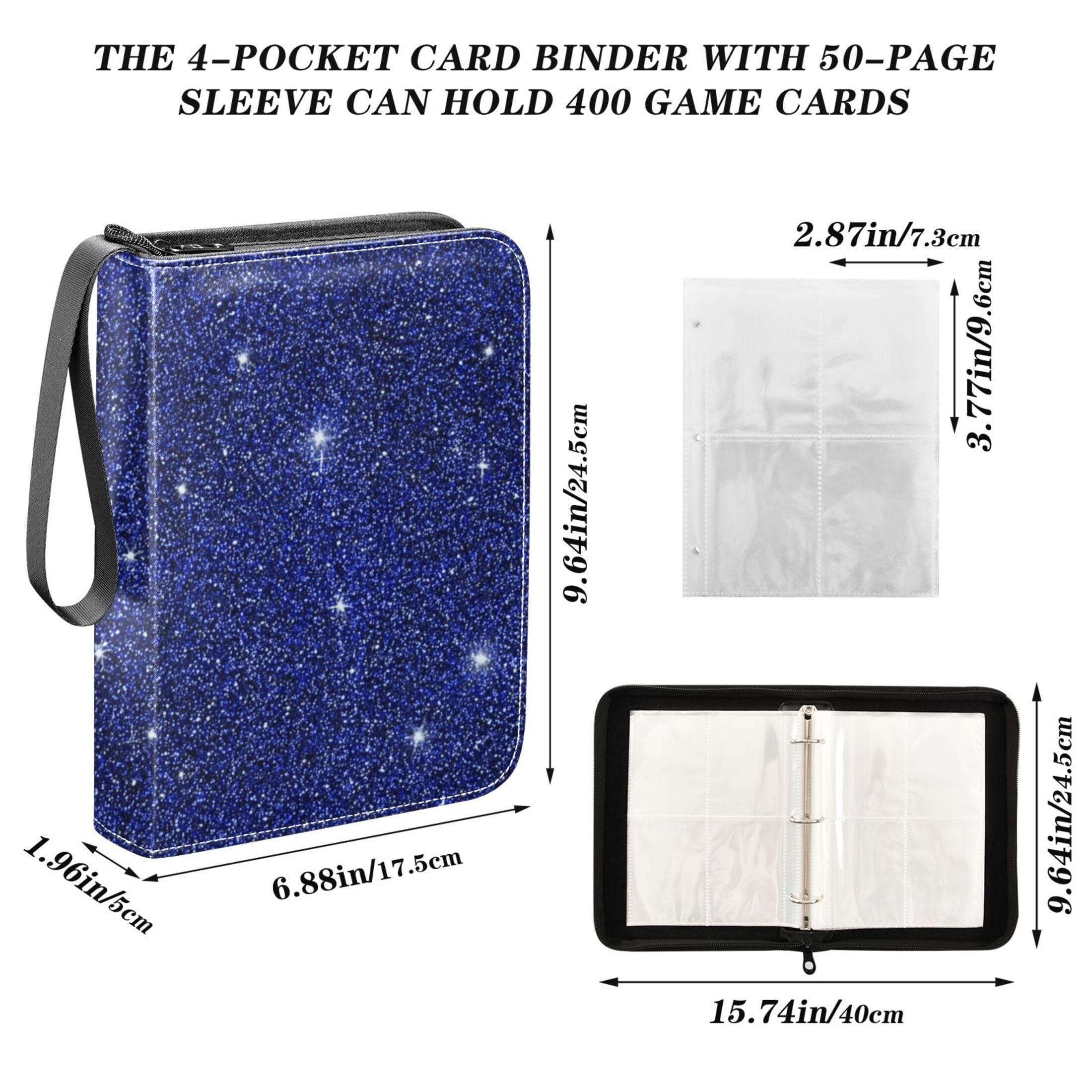 Trading Card Binder Album 400 Pockets 50 Removable 4-Pocket Pages Waterproof Deep Blue Sparkling and Shining