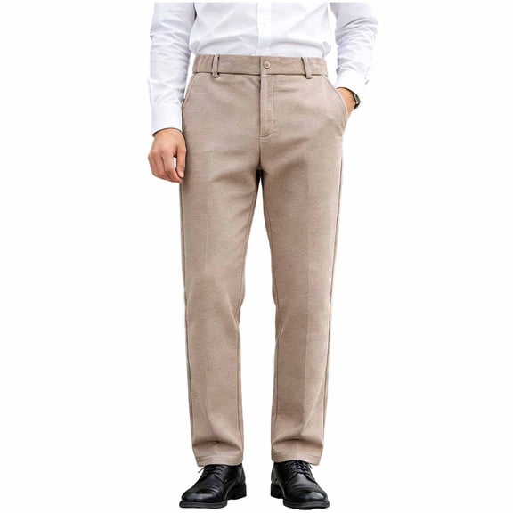 LMOIPLI Mens Casual Straight Leg Pants Classic Fit Stretch Business Pant Lightweight Solid Color Work Dress Slacks Khaki M