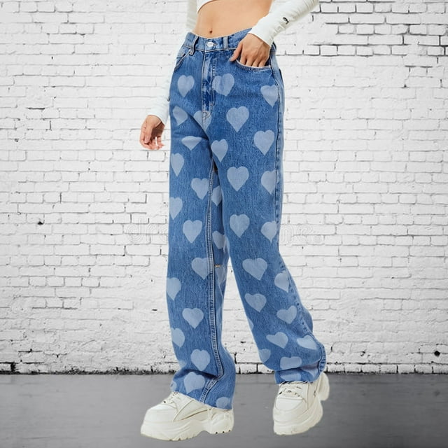 WILLBEST Pantalones Mujer Pantalones Vaqueros Acampanados de Cintura Alta para Mujer, Con Estampado de Corazones y Pierna Ancha, Cómodos, Elásticos, Informales, a La Moda Grande