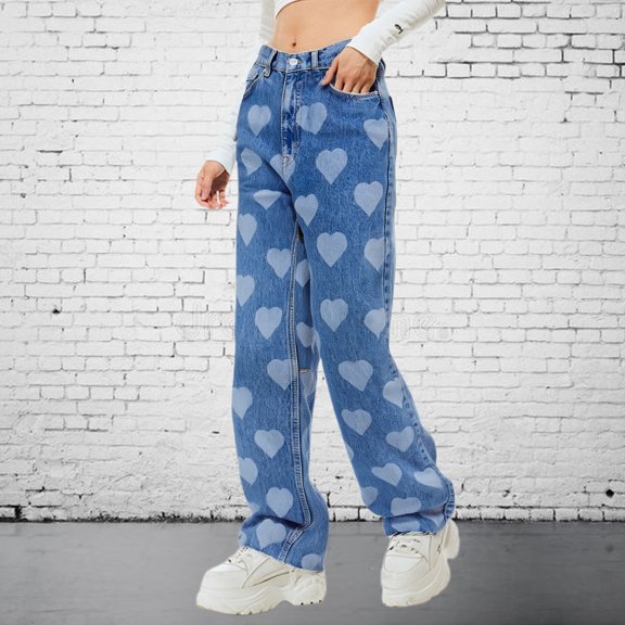 HOWPAY Straight Leg Jeans Women Wide Leg Heart Print High Waisted Tummy Control Strechy Denim Pants with Pockets Classic Boyfriend Lightweight Comfy Baggy Jeans Light Blue L