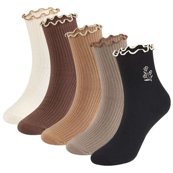Deago 5 Pairs Women's Ruffle Socks Casual Cute Ankle Socks Breathable Knit Cotton Soft Frilly Crew Socks for Women (Multicolor)