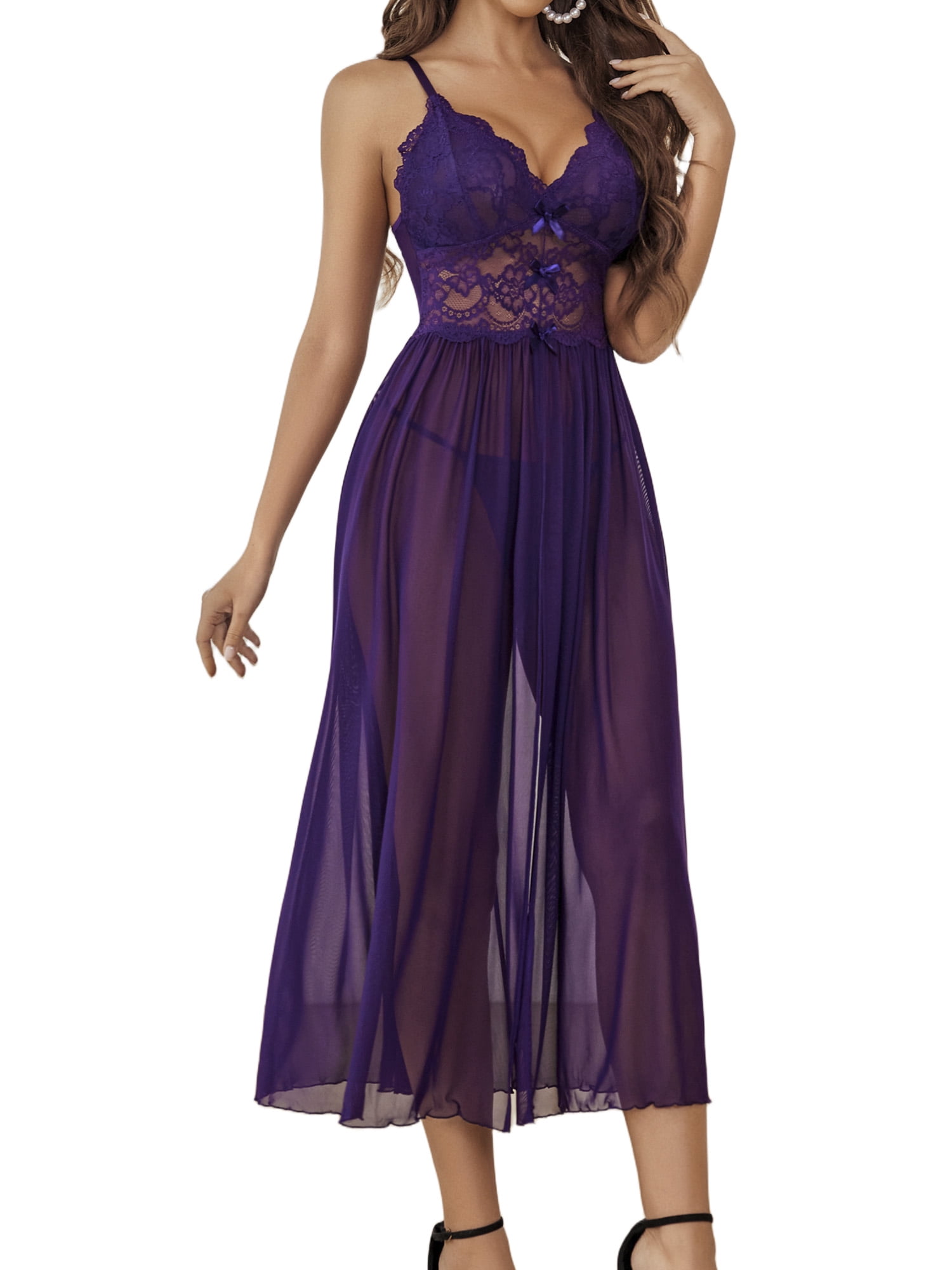 Avidlove Women Lingerie Lace Chemise Sexy Mesh Nightdress V Neck Nightwear Split Nightgown S-XXL