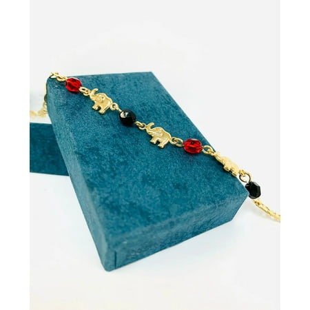14K Gold Filled Black And Red Beads Elephant Bracelet / Good Luck Elephant Bracelet 7.5" / Pulsera Con Elefantes Para Mujer en Oro Laminado
