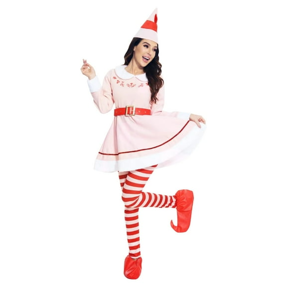 VNKIDY Women Outfits Christmas Elf Fancy Dress Set Pink Long Sleeve Dress With Red Trims Matching Elf Hat Striped Leggings Belt Elf Shoes For Holiday Celebrations Soft Set