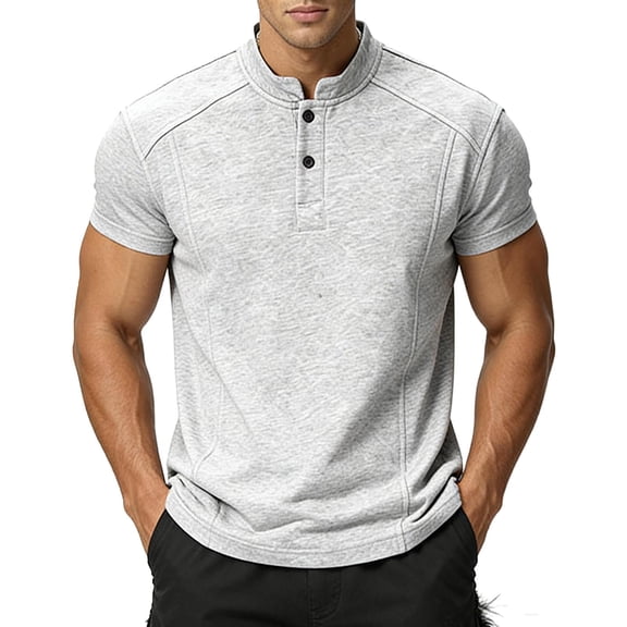 VSSSJ Mens Henley Shirts Short Sleeve Summer Casual T Shirts Classic Relaxed Fit Button Mock Neck Lightweight Workout Pullover Shirt Gray M