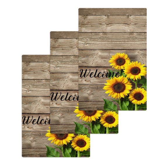 Sunflower Welcome Kitchen Dish Towels for Drying Dishes Set of 3, Farmhouse Brown Wood Grain Rustic Waffle Weave Microfiber Hand Tea Bathroom Towels Quick Dry & Absorbent Towel 15.7x23.6
