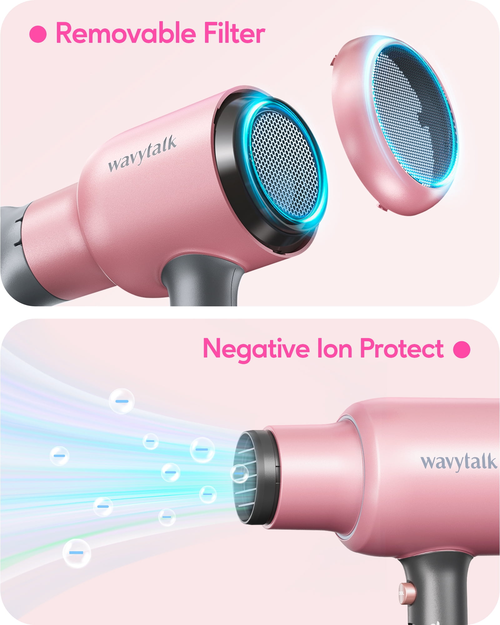 Wavytalk Hair Dryer with Diffuser Ionic Blow Dryer with Powerful 1875W Motor for Fast Drying, Pink