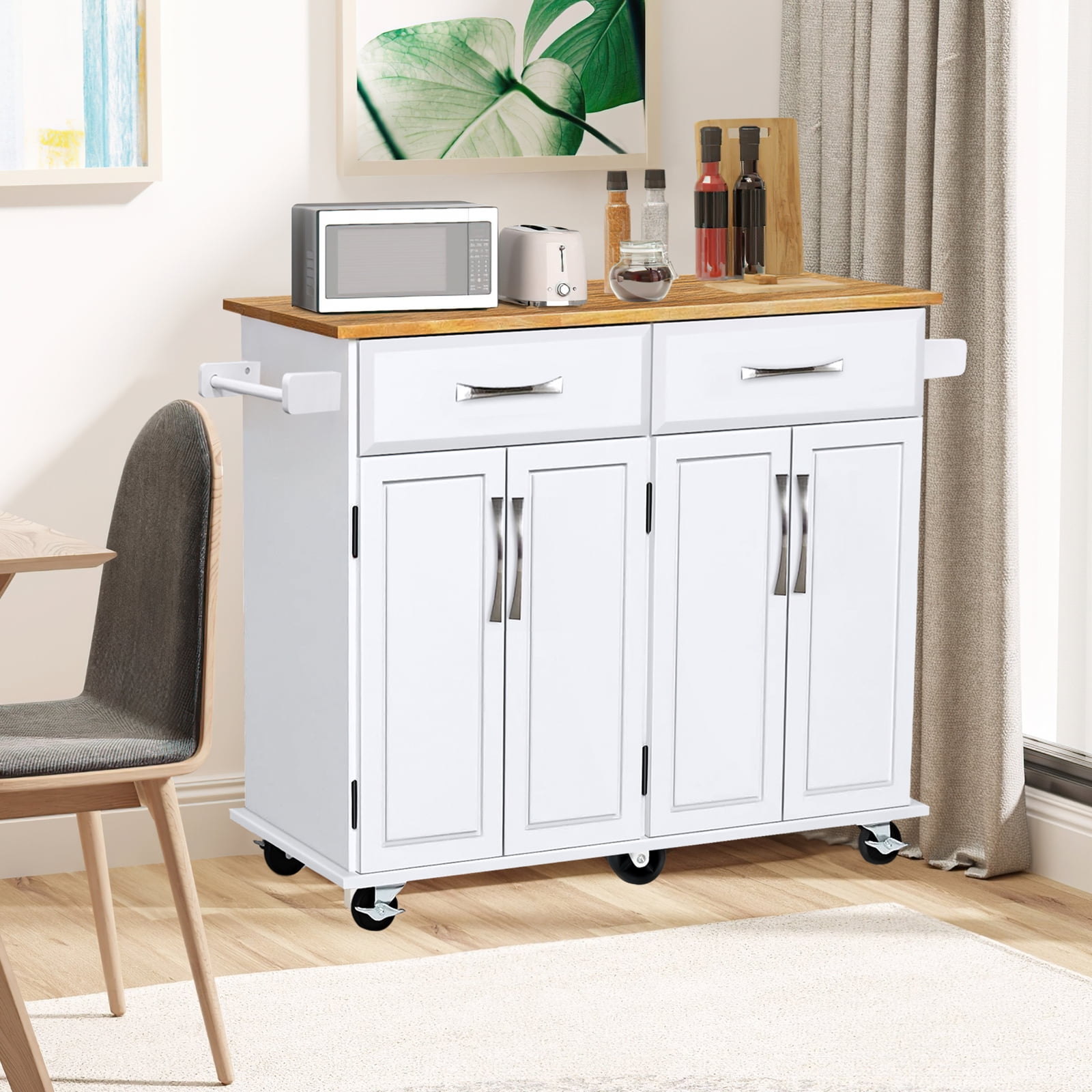 Kitchen Island on Lockable Wheels with 2 Storage Drawers & Bamboo Countertop, Kitchen Trolley Cart with Adjustable Shelves and Towel Bar, L42.5Xw18xh3