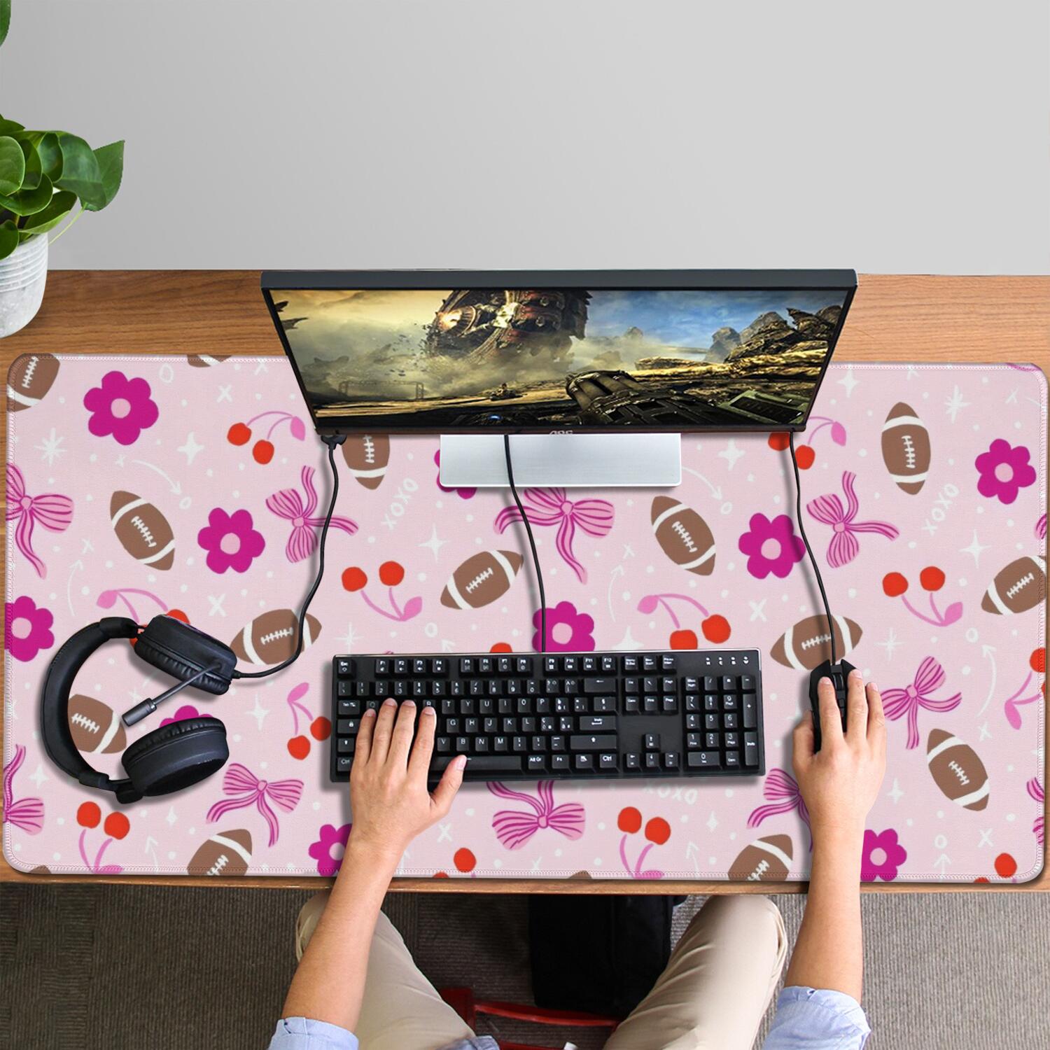 Long Mouse Pads for Desk,Pink Football and Flowers Pattern Desk Mats on Top Of Desks, Desk Mouse Pad Extra Large with 3mm Non-Slip Base and Stitched Edge for Gaming,Office,Work,Home 47.3"x23.6"