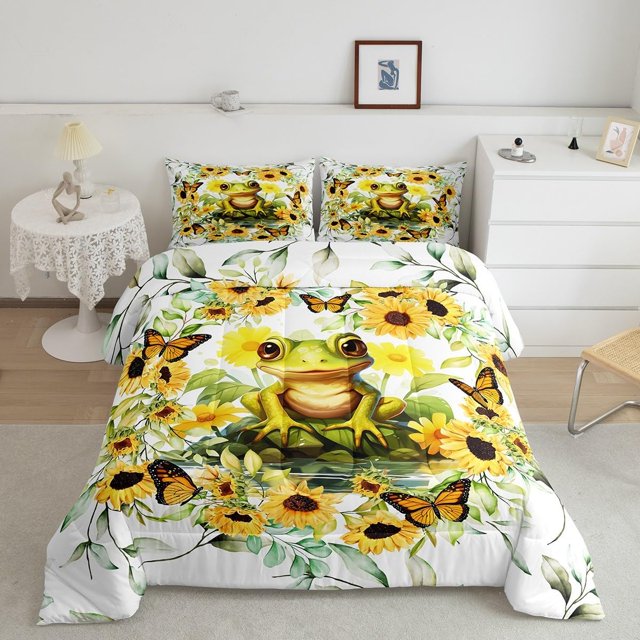 Frog Boys Kids Comforter Set Full Size,Rústico Amarillo Girasol Floral Edredón Set