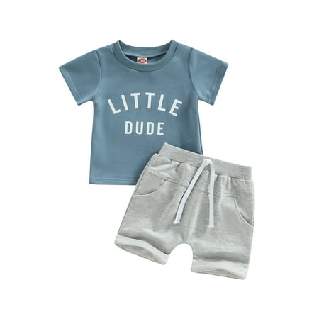 

Toddler Baby Boy Summer Clothes Suits Letter Print Short Sleeve Crew Neck T-Shirts Tops Elastic Waist Rolled Hem Shorts 2Pcs Set