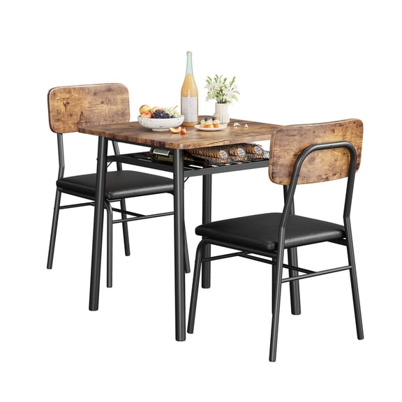 Dining Table Set for 2, 3-Piece Dining Set with Storage Rack for Small Space, Square Table Set with Upholstered Chairs & Metal Legs for Dining Room, Brown