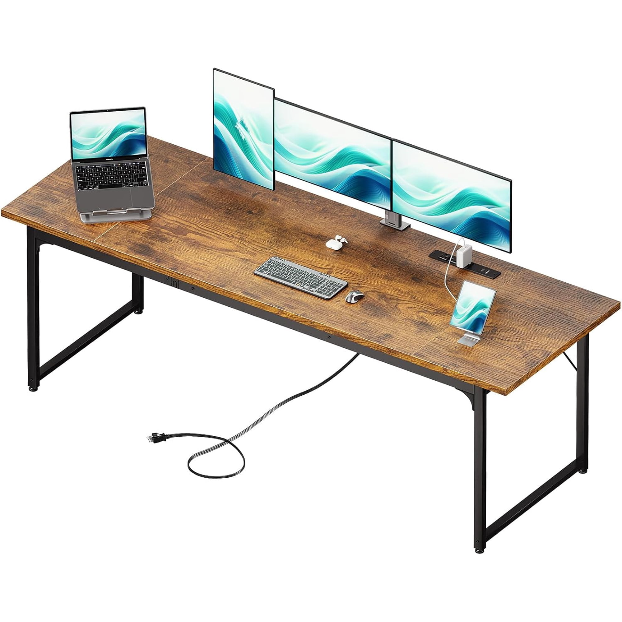 79 Inch Large Computer Desk with Built-in Power Outlets, Extra Long Desk for Home Office & Gaming, Spacious Writing Table for Study and Crafting, Brown