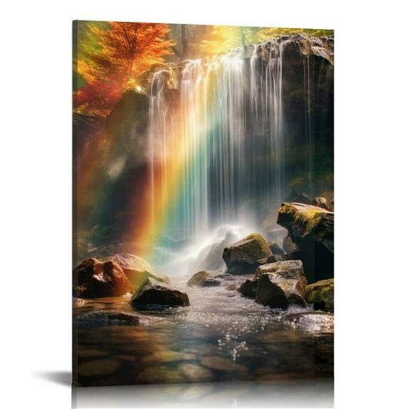 COMIO Autumn Forest Canvas Wall Art Fall Waterfall at Sunset Nature Landscape Picture Painting Print for Kitchen Home Living Room Decor Ready to Hang