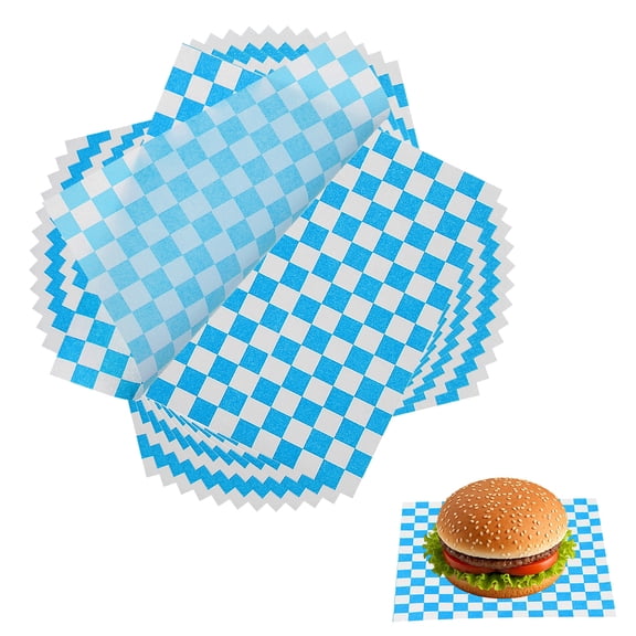 Uxcell 150 Pcs Wax Paper Sheets for Food, 7 x 7 Inch Greaseproof Wrapping Paper Sheets, Checkered Square Food Basket Liners for Sandwich Hamburger Bread, Blue