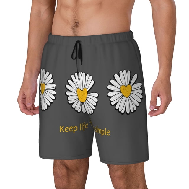 Disketp Keep Life Simple Daisy Flower for Men's Double Layer Sports Swim Trunks,Stretchy Swim Trunks,Perfect for Swimming, Beach & Sports Activities-Small