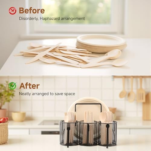 Metal Utensil Caddy Silverware Holder, Paper Plate Holder Cutlery Container,Plate Organizer Flatware Storage Basket Party Camping Picnic Buffet RV BBQ Farmhouse Kitchen Countertop