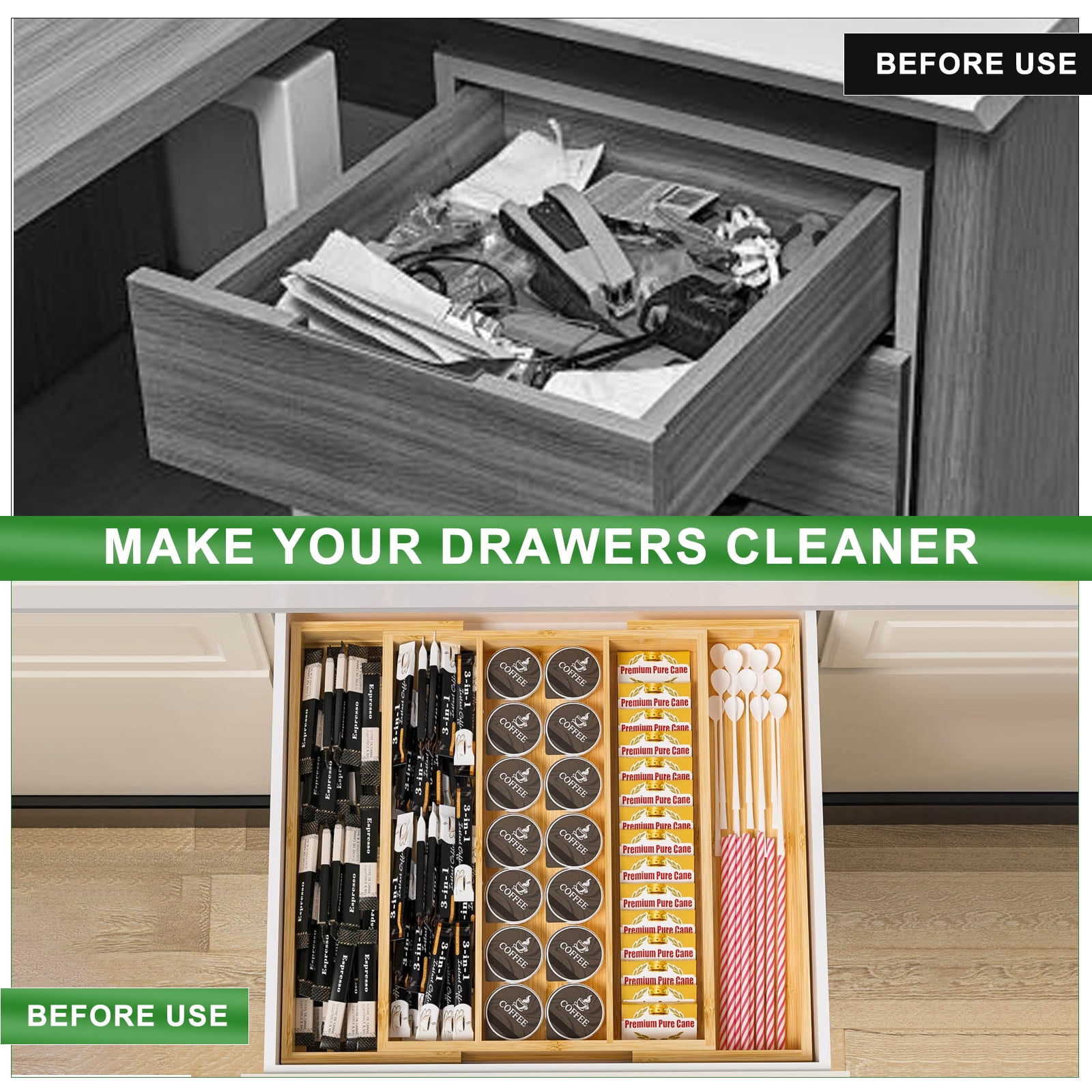 SPOKKI Bamboo Adjustable Kitchen Utensil Organizer, 17" x 21" Silverware Tray with Drawer Dividers, Natural Bamboo Flatware Holder for Kitchen and Home Use (3-5 Slots)