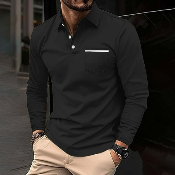 IDALL Polo Shirts for Men Long Sleeve Shirts for Men Golf Shirts for Men Casual Long Sleeve Button Solid Color Long Sleeve T Shirt Top Dress Shirts for Men Black L