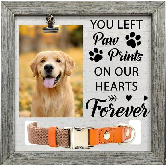 Pet Memorial Picture Frame 9x9 inch You Left Paw Prints on Our Hearts Forever Pet Picture Frames with Photo Clip & Collar Holder Wood Memorial Gifts Frame for Dogs Cat Pets that Passed